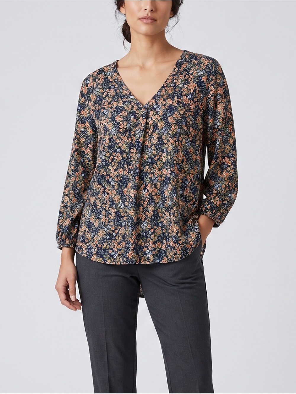 Vince Camuto Navy Floral V-Neck Blouse with Peach Accents
